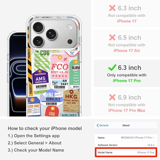 MOSNOVO for iPhone 17 Pro Case | Military Grade 6.6ft Drop Tested | Camera Control | Clear with Air Ticket Labels Design