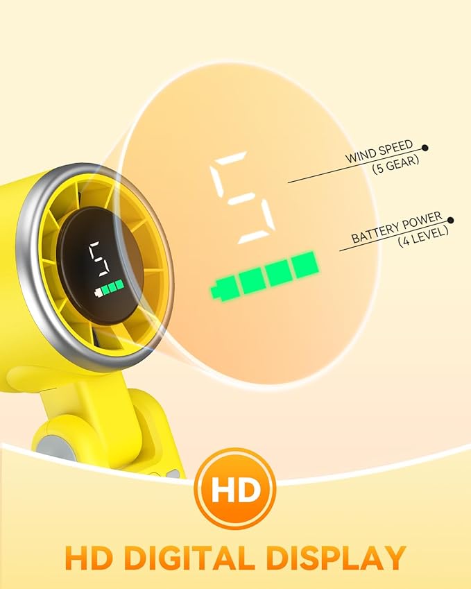 PlayHot Portable Handheld Turbo Fan, 5-Speed Personal Fans, 5000mAh Rechargeable Fans Up to 12 Hours, Weight only 0.6lb Small Fan, Hand/Neck/Desk Fan 3 IN 1, Beach Vacation Essentials(Yellow)