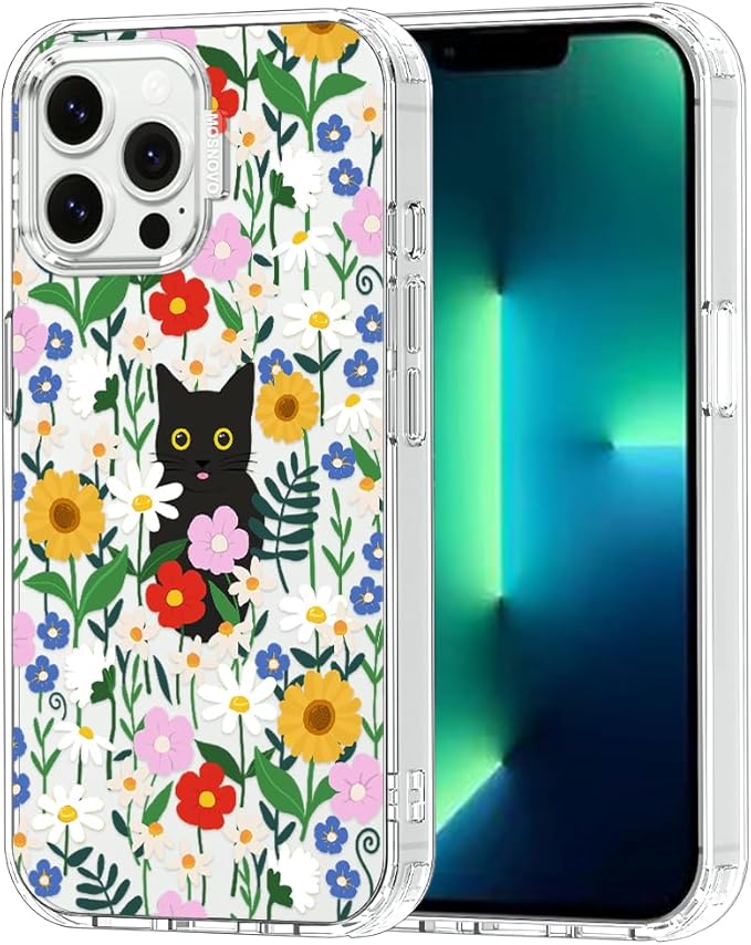 MOSNOVO Case for iPhone 13 Pro Max, [Buffertech 6.6ft Military-Grade Drop Protection] [Anti Peel Off Tech] Clear TPU Bumper Phone Case Cover Design - Black Cat in Garden