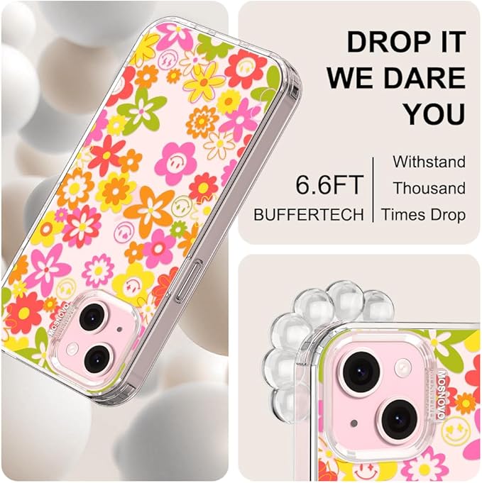 MOSNOVO Case for iPhone 15, [Buffertech 6.6ft Military-Grade Drop Protection] [Anti Peel Off Tech] Clear TPU Bumper Phone Case Cover Design - 70's Groovy Floral