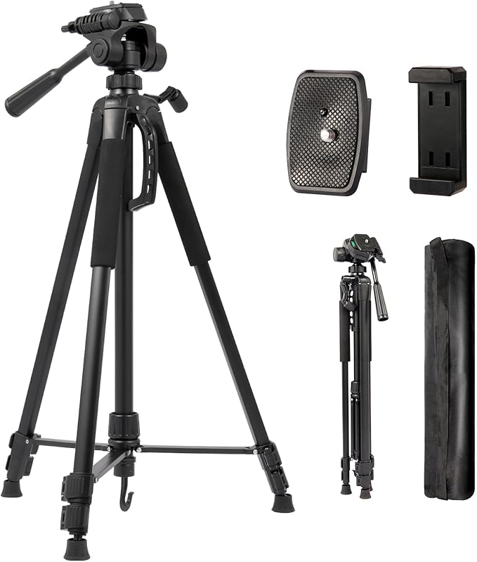 Tripod Stand for Camera & Cell Phone,68” Professional Stand with Carry Bag and Phone Holder,Sturdy & Stable Height Adjustable Multi-Angle Shot Selfie Stick Tripod,Max Load 11Lb(Black)