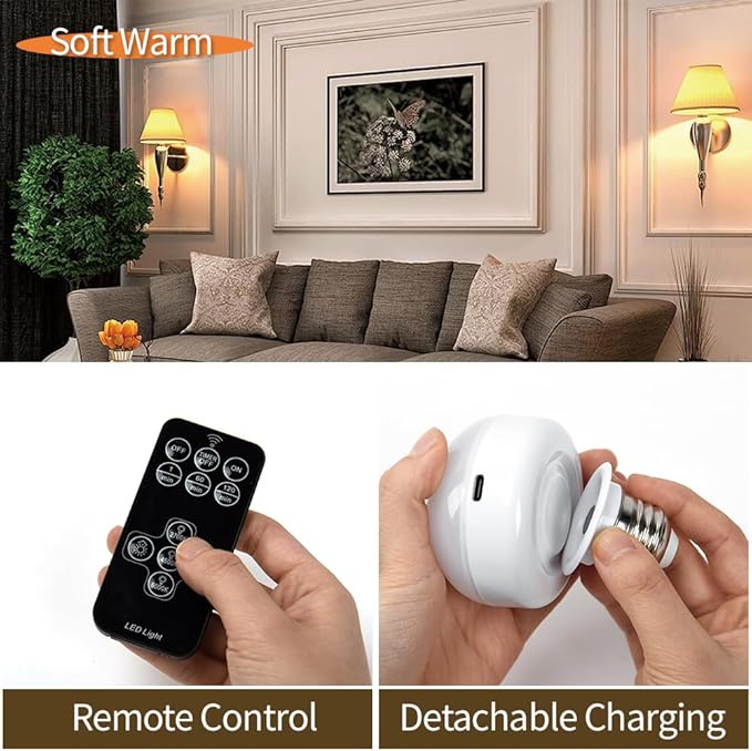 BLUEYE 4Packs Rechargeable Light Bulbs,Remote Control,7W 350LM,3CCT,E26 Detachable,2000mAh Battery Operated Lamp,40W Equivalent,Timer,Dimmer,for Non-Hardwired