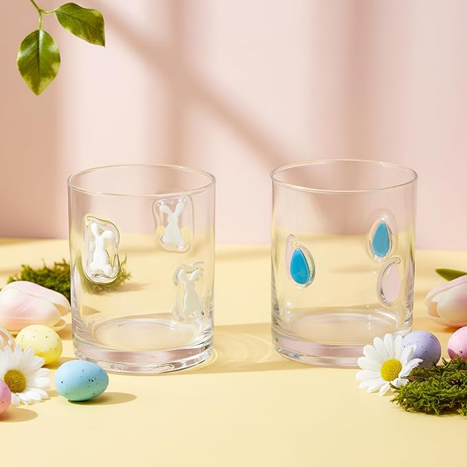 Skylety 2 Pcs Easter Icon Juice Glasses Bunny Drinking Cups Gifts Easter Rabbit Egg Pattern Coffee Mugs 13.5 oz Old Fashioned Whiskey Cocktail Stemless Wine Glasses for Christmas Party Decor