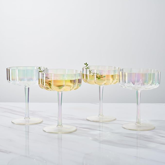 Khen Shatterproof Acrylic Flower Wavy Vintage Art Deco Martini, Champagne & Cocktail Iridescent Rainbow Plastic Tritan Coupe Glasses | 4 Set | 8.5oz Glassware Classic Cocktail Indoor & Outdoor Set
