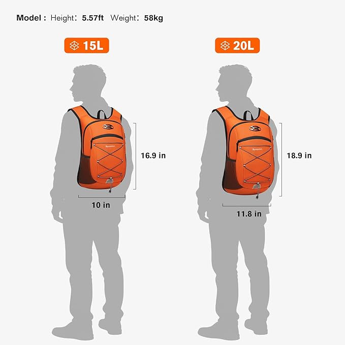 Ultra-Light Soft Daypack 15L/20L, Cushioned Breathable Back Panel Backpack, Lightweight Packable Travel Backpack (Orange, 15L)
