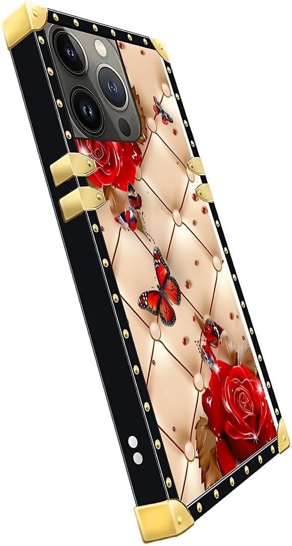 Compatible with iPhone 14 Pro Max Case, Shining Red Rose Butterfly Leather Background Luxury Golden Decoration for Girl Women Soft TPU Shockproof Protective Hard PC Back