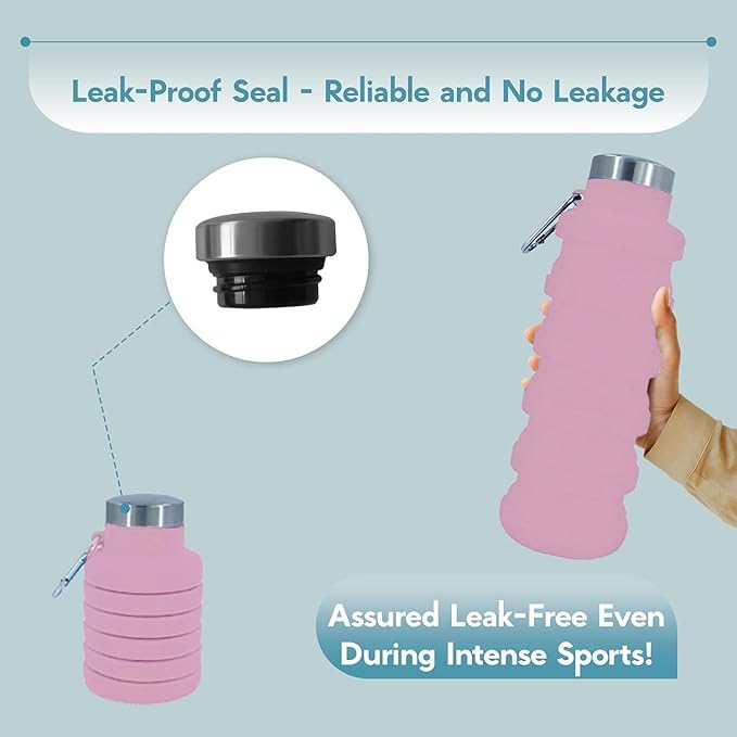 Collapsible Water Bottles 17oz, Odorless BPA-Free Silicone, Leak-Proof Foldable Reusable Bottle - Perfect for Travel Sports Gym Hiking Camping Cycling - Soft Pink