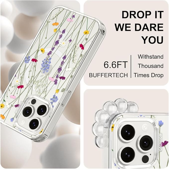MOSNOVO Case for iPhone 15 Pro Max, [Buffertech 6.6ft Military-Grade Drop Protection] [Anti Peel Off Tech] Clear TPU Bumper Phone Case Cover Design - Floral Garden
