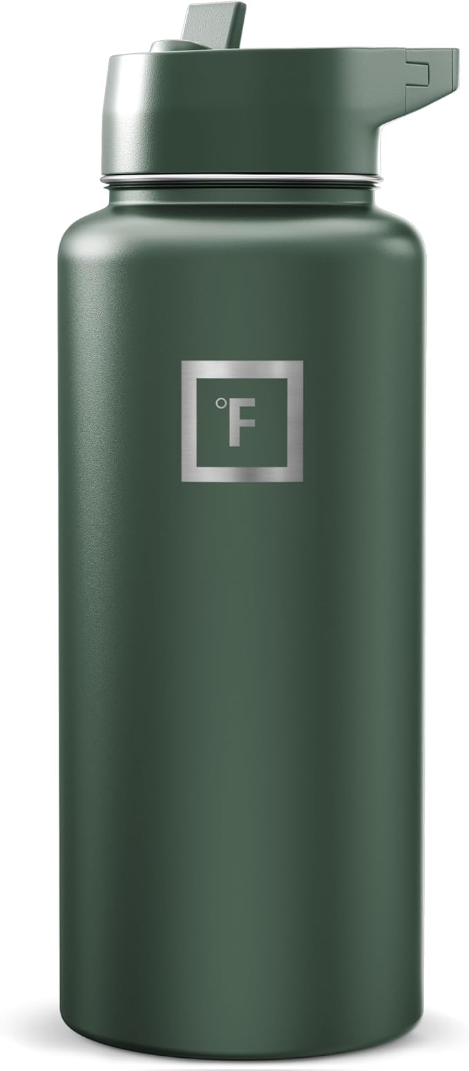 IRON °FLASK Camping & Hiking Hydration Flask with Straw, Wide Mouth Insulated Stainless Steel Sports Water Bottle - Dark Pine 32 oz - Straw (1 Lid)