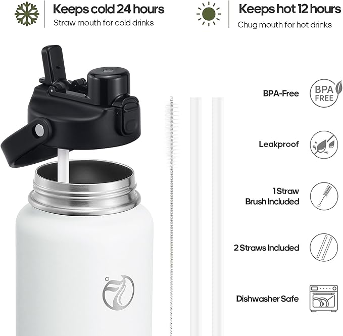 64oz Half Gallon Insulated Water Bottle with 2-in-1 Lid (Chug & Straw), Double Walled Vacuum Stainless Steel Water Bottles, Wide Mouth Leakproof Insulated Jug with Straw