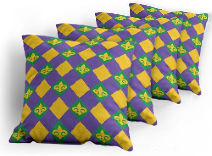 Ambesonne New Orleans Throw Pillow Cushion Case Pack of 4, Mardi Gras Themed Rhombuses with Fleur De Lis Motifs Classic Geometry, Modern Accent Double-Sided Digital Printing, 20", Violet Yellow