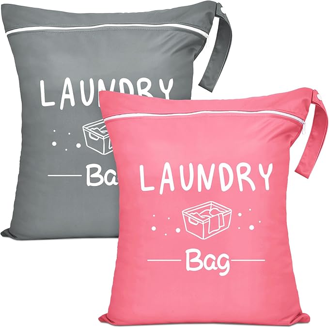 2 Pcs Large Travel Laundry Bag - Waterproof Wet Dry Washable for Dirty Clothes, Bathing Suit, Workout, Gym, Swimming, Yoga (Pink+Grey)