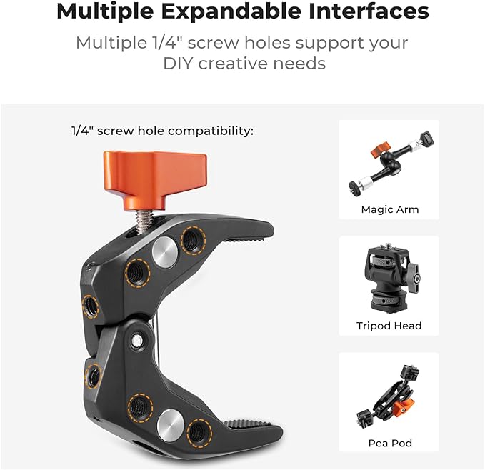 K&F CONCEPT Super Clamp Camera Clamp with 360° Ballhead, Compatible with GoPro/AKASO/Insta360/Pocket 3, 1/4" Screw & Cold Shoe Mount for Camera/Monitor/Light/Microphone