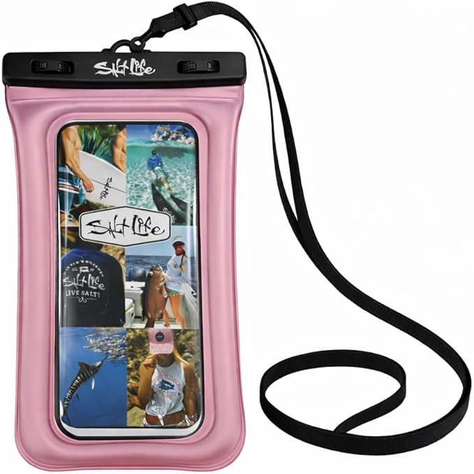 Salt Life Floating Waterproof Phone Case– IPX8 100% Waterproof Phone Case that Floats in Water, Universal Phone Dry Bag with Touchscreen Clear Window, Secure Seal Closure & Lanyard (Pink)