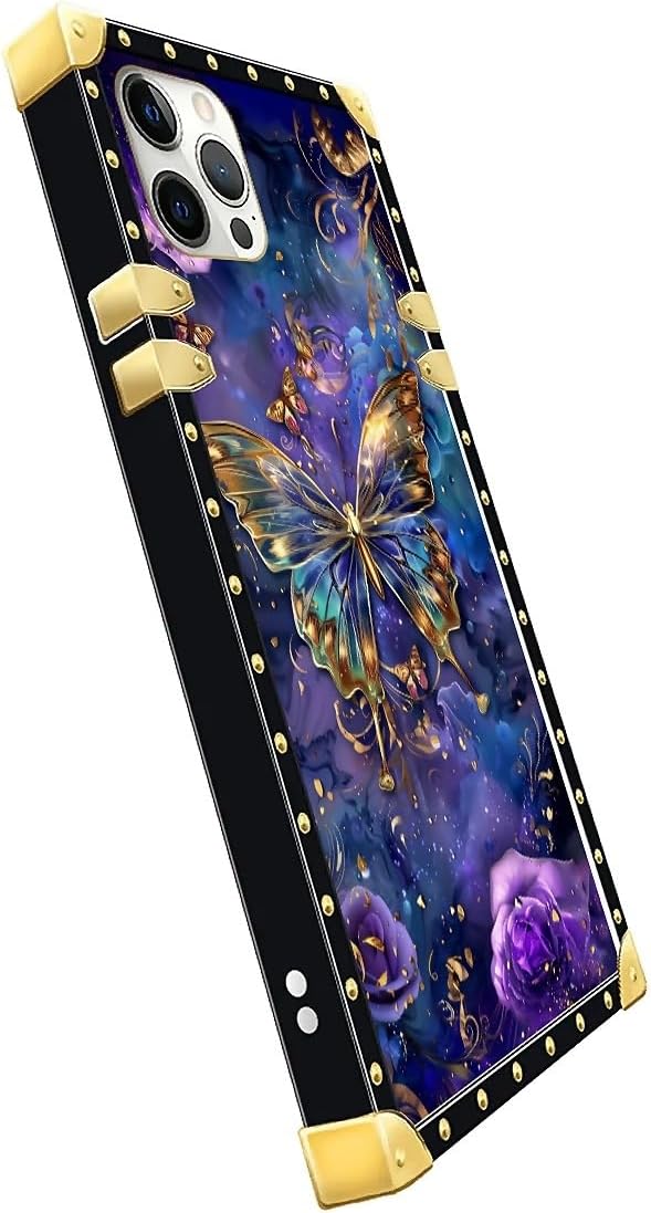 Compatible with iPhone 11 Pro Max Case, Glistening Golden Butterfly Vibrant Purple Blue Luxury Golden Decoration for Girl Women Soft TPU Shockproof Protective Hard PC Back