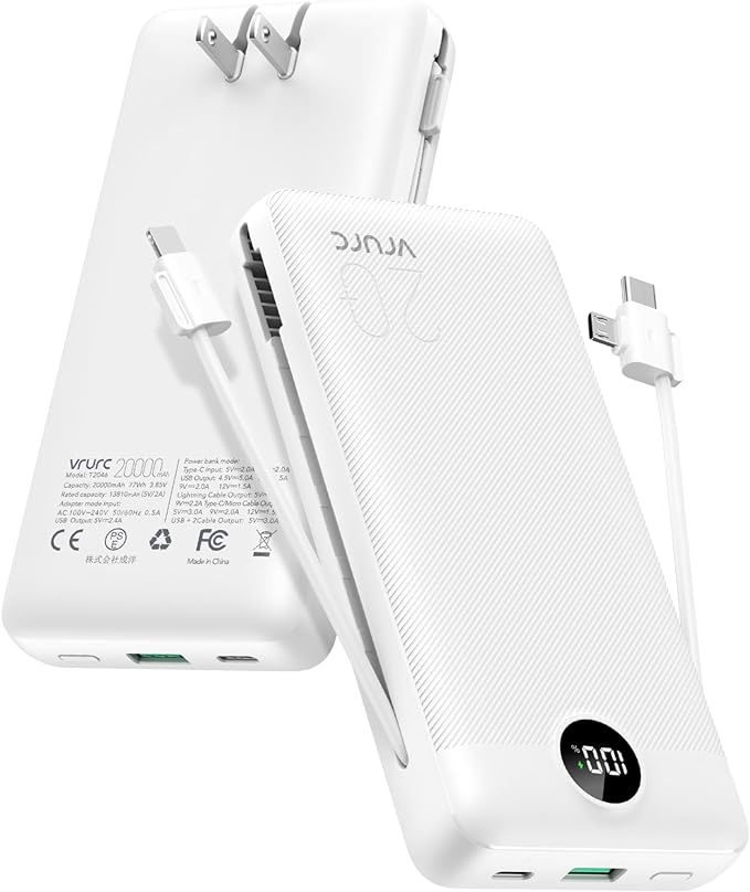 VRURC Power Bank 20000mAh, Fast Charging Portable Charger USB C,4 Output 2 Input Travel Essentials Charging Bank Equipped with LED Display,Built-in Wall Plug and Cables,Phone Charger Battery,White