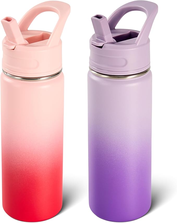 Fijinhom 2 Pack 18oz Insulated Stainless Steel Water Bottle with Straws, Double Wall Vacuum Insulated Bottles, Metal Thermo for Travel, Sports, Leak-Proof, BPA Free, Women & Men, Purple&Pink Gradient