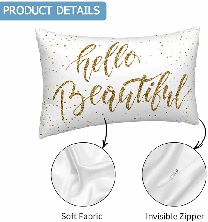 Hello Beautiful Bling Pillow Covers 12 X 20 Gold Glitter Motivational Quote Set of 2 Pillow Cases Rectangular Velvet Outdoor Throw Cushion Pillowcases Decorative for Home Bed Sofa Couch Hotel