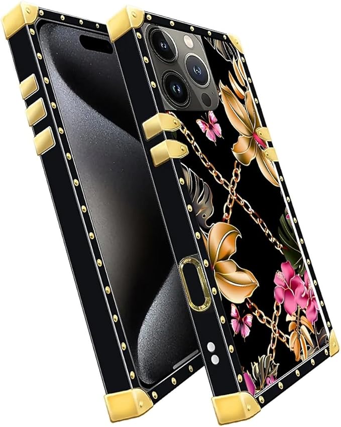 Compatible with iPhone 16 Pro Max Case, Pink Golden Chain Tropical Flower Luxury Golden Decoration for Girl Women Soft TPU Shockproof Protective Hard PC Back