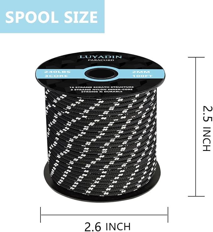 Paracord 240lb - Diameter 2mm Micro Utility Cord -3 Strand Parachute Spool Cord - 100ft 200ft,Paracord for Camping,Hiking,Fishing,Outdoor and DIY