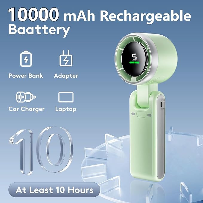 Portable Handheld Mini Fan, Foldable Powerful Winds Turbo Fan, 10000mAh Battery & 50000RPM Speed, USB Rechargeable Personal Fans with 5 Speed, Digital Display For Women Men Travel Camping Outdoor