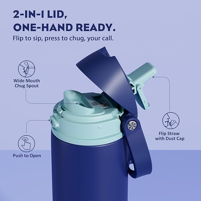 POWCAN 18 oz Insulated Stainless Steel Water Bottle: 2-in-1 Push-Button Spout & Quick-Flip Straw, Leakproof, Cold 24 Hrs, Fits Car Cup Holder, Sports Bottle for Travel, Gym, School Gift (Wit & Wings)