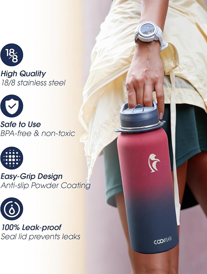Coolflask Water Bottle with Straw, 40 oz Insulated Metal Water Flask with Straw & Spout Lids, Stainless Steel Double Wall Vacuum, Keep Cold 48h Hot 24h, Leak Proof, BPA-Free, Wine/Navy