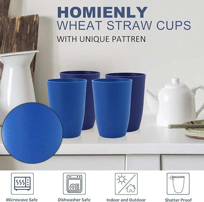 Homienly Wheat Straw Cups 16oz,Unbreakable Cups-6 PCS Freezer and Dishwasher Safe Cups for outdoor gatherings,Picnic,Travel-Blue Sky