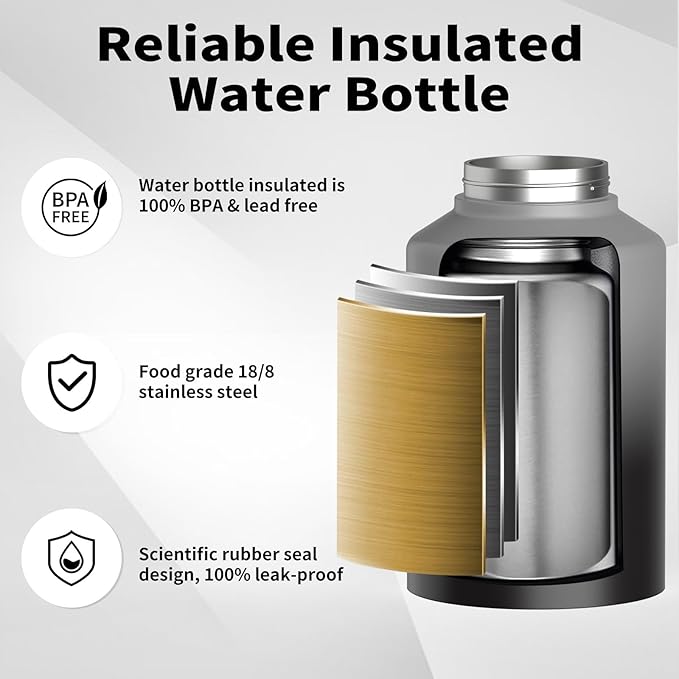 WATERSY 1 Gallon Water Bottle Insulated(Cold for 48 Hrs),BPA Free&Leak Proof,128oz Stainless Steel Water Jug,Big thermo,Large Water Bottle with Handle for Gym,Hiking,Camping&Travel,Gray