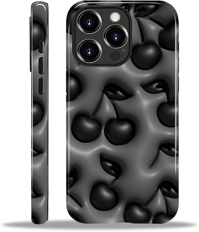 for iPhone 15 Pro Case,HL2 Cute Cool Cherry Black Hybrid 2 Layer Hard Shell Silicone Protective Pattern Design Case