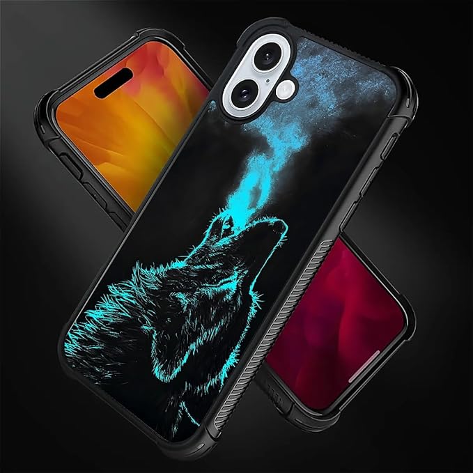 for iPhone 16 Plus Case, Blue Breathing Wolf Pattern Graphic Design Girl Boy Soft Silicone Hard Acrylic Shock Protection for iPhone 16 Plus