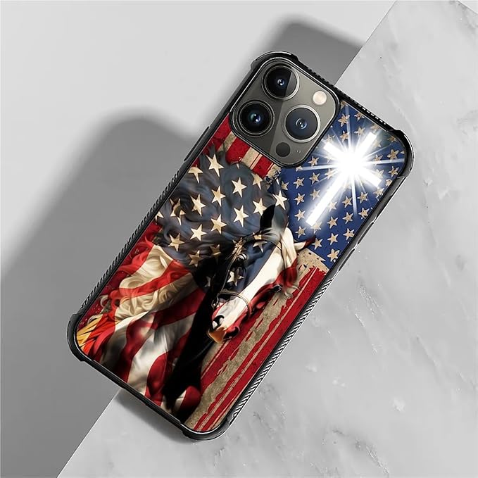 for iPhone 15 Pro Case, Red American Flag Horse Cross Pattern Graphic Design Girl Boy Soft Silicone Hard Acrylic Shock Protection for iPhone 15 Pro