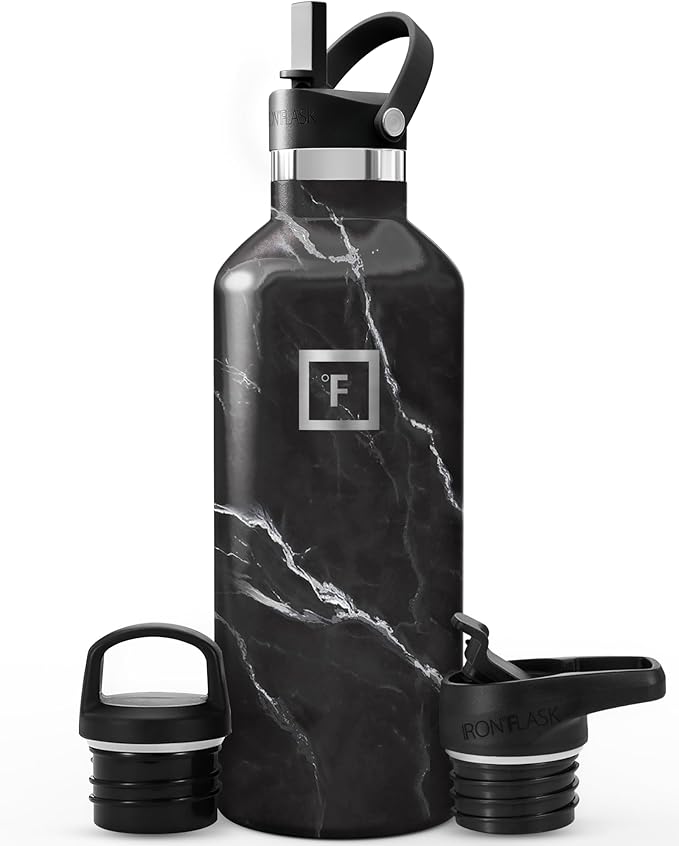 IRON °FLASK Camping & Hiking Hydration Flask with Straw, BPA-Free Insulated Stainless Steel Sports Water Bottle - 32 oz Black Marquina
