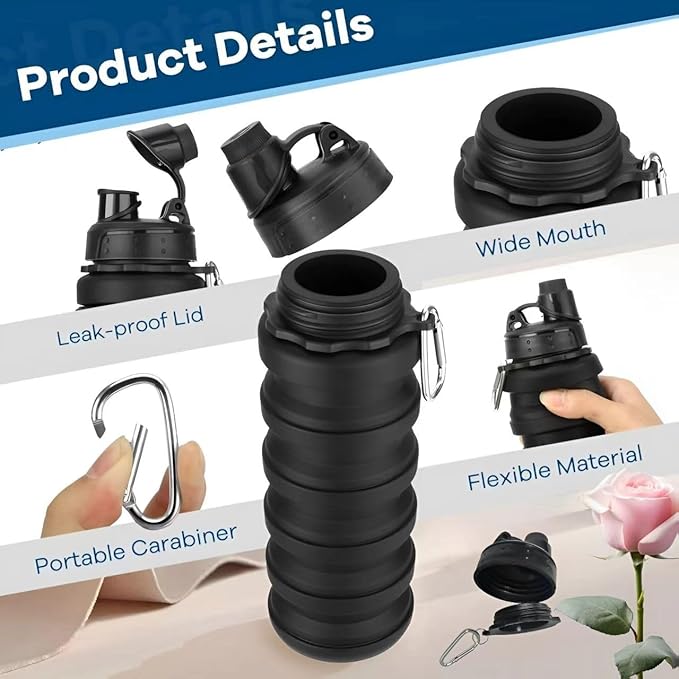 Collapsible Water Bottles 3 PackTravel water bottle Sports Portable Water Bottle Reusable Water Bottles 500ml. (Black+Light Grey+Pink)
