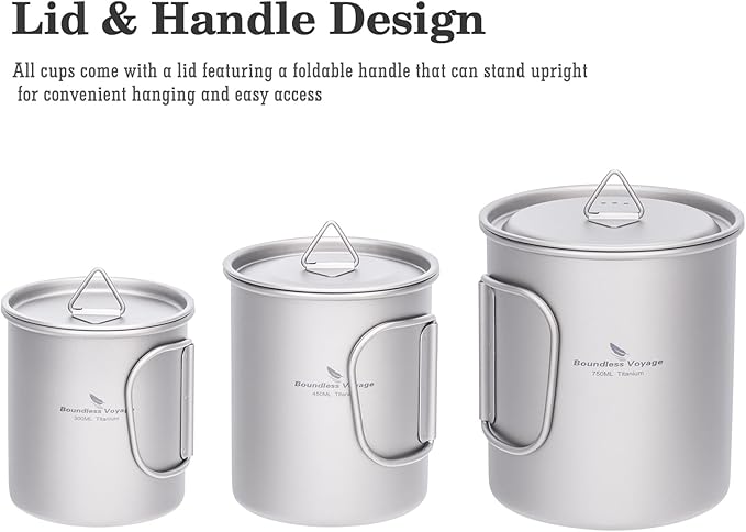 Boundless Voyage Titanium Camping Mug with Lid 300ml 450ml 750ml Lightweight Folding Handle Cup for Outdoor Backpacking Hiking Travel Durable Portable (450ml)