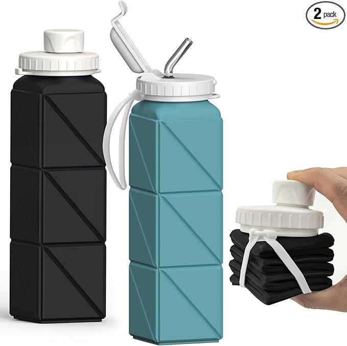 BEAUTAIL Collapsible Water Bottles 20.6oz 2 Pack, Silicone Foldable Portable Travel Water Bottle, BPA-Free Reusable Leakproof for Travel Camping Hiking Cycling Yoga Sports Outdoor (Black+Blue)