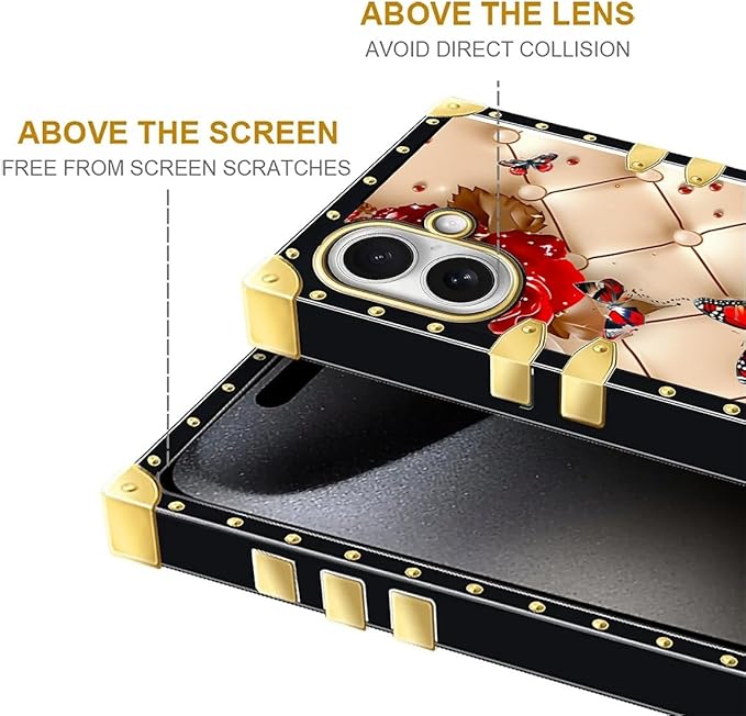 for iPhone 17 Case Luxury Golden Decoration for Girl Women Soft TPU Shockproof Protective Hard PC Back for iPhone 17 Crazy Pattern Shining Red Rose Butterfly Leather Background
