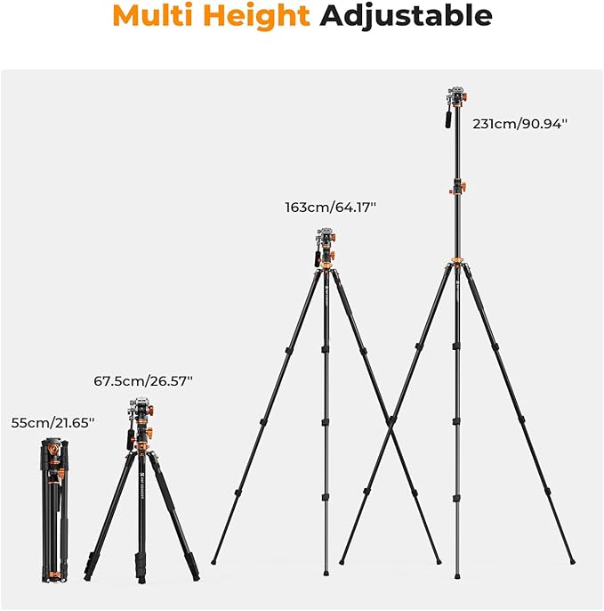 K&F CONCEPT 90''/230cm Overhead Camera Tripod, Horizontal Shooting Video Tripods with Fluid Head Heavy Duty, Detachable Monopod, for Indoor and Outdoor Use T254A7+FH-03