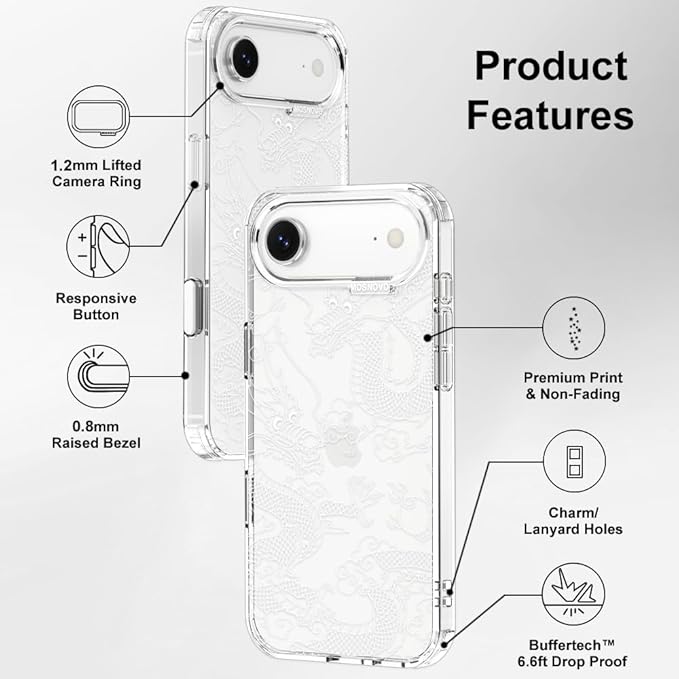 MOSNOVO for iPhone Air Case | Military Grade 6.6ft Drop Tested | Camera Control | Clear with White Dragon Design