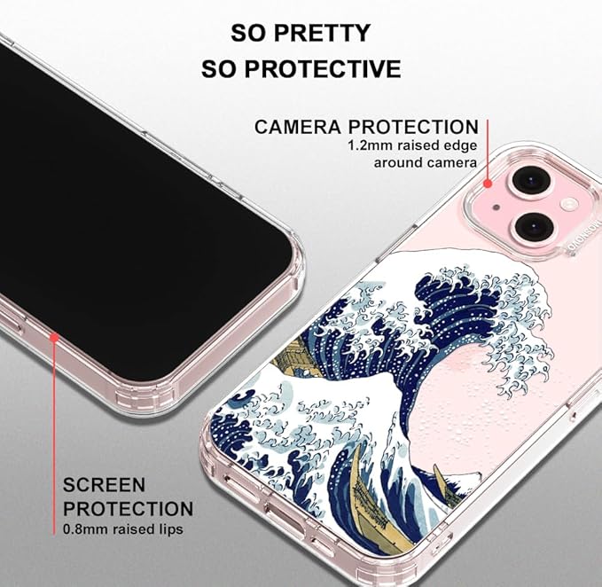 MOSNOVO Case for iPhone 15, [Buffertech 6.6ft Military-Grade Drop Protection] [Anti Peel Off Tech] Clear TPU Bumper Phone Case Cover Design - Great Wave