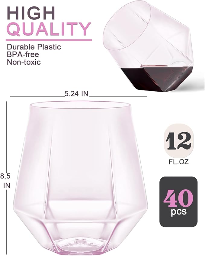 Maaacute 40 Pack Plastic Stemless Wine cocktail Whiskey Champagne Glasses, 12 Oz Disposable Unbreakable Cups for Party Bars Wedding Tasting (Pink)