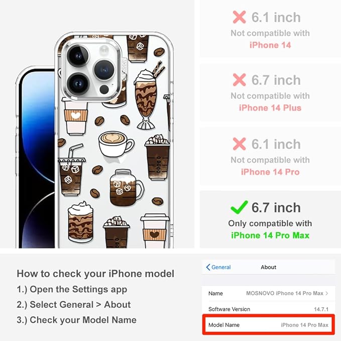 MOSNOVO Case for iPhone 14 Pro Max, [Buffertech 6.6ft Military-Grade Drop Protection] [Anti Peel Off Tech] Clear TPU Bumper Phone Case Cover Design - Coffee