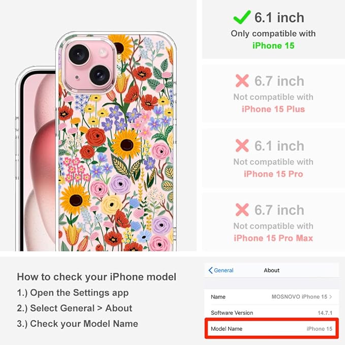 MOSNOVO Case for iPhone 15, [Buffertech 6.6ft Military-Grade Drop Protection] [Anti Peel Off Tech] Clear TPU Bumper Phone Case Cover Design - Blossom & Bloom