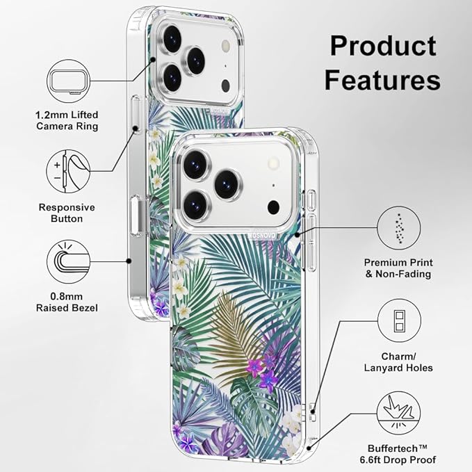 MOSNOVO for iPhone 17 Pro Case | Military Grade 6.6ft Drop Tested | Camera Control | Clear with Tropical Rainforests Design