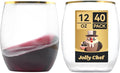 JOLLY CHEF 12 oz 40 Pack Gold Plastic Wine Glasses Stemless, Shatterproof, Unbreakable, Crystal, Disposable Plastic Wine Cups for Party, Halloween, Christmas, Thanksgiving