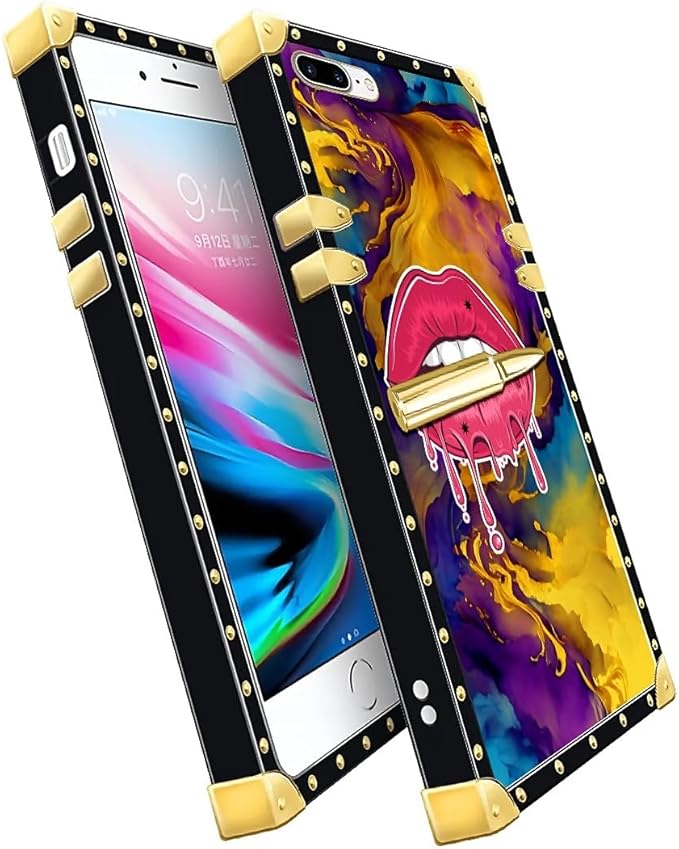 Compatible with iPhone 8 Plus 7 Plus Case, Cool Corlorful Lip Marble Luxury Golden Decoration for Girl Women Soft TPU Shockproof Protective Hard PC Back for iPhone 8 Plus 7 Plus