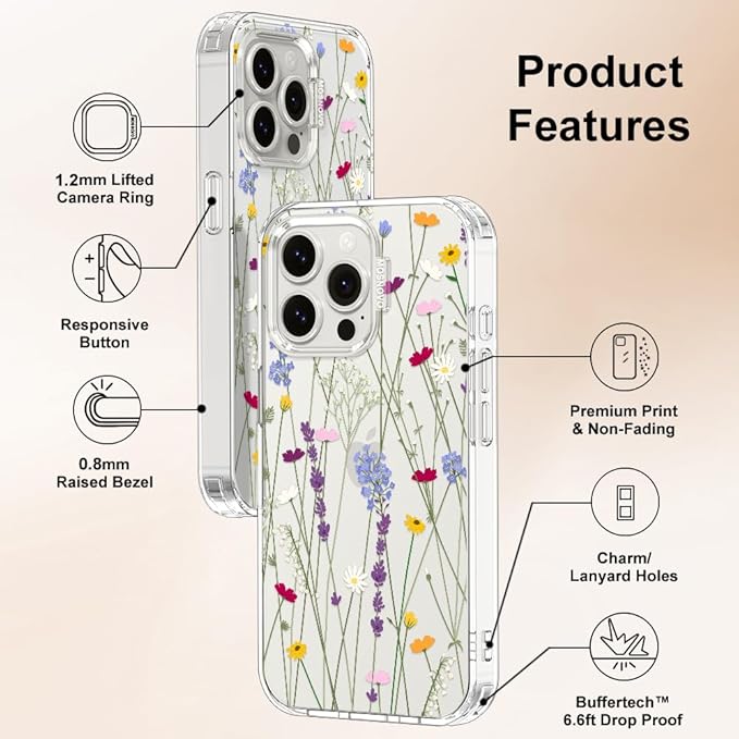 MOSNOVO Case for iPhone 15 Pro Max, [Buffertech 6.6ft Military-Grade Drop Protection] [Anti Peel Off Tech] Clear TPU Bumper Phone Case Cover Design - Floral Garden