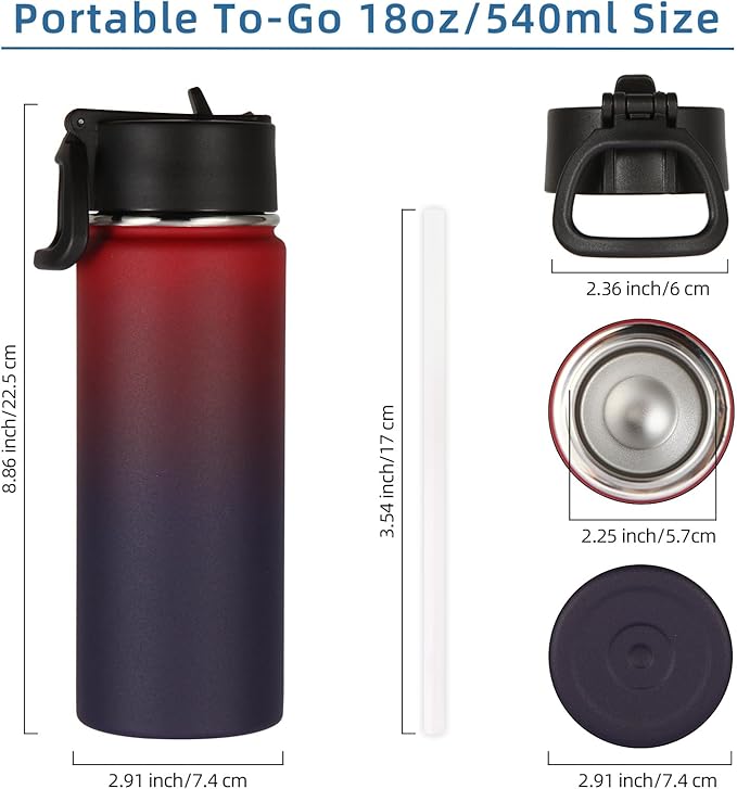 Volhoply 18oz Insulated Water Bottle Bulk 2 Pack,Kids Stainless Steel Water Bottles with Straw Lid,Double Wall Vacuum Reusable Metal Cups,Wide Mouth Sports Flask Keep Hot and Cold(Red Purple,2 Set)