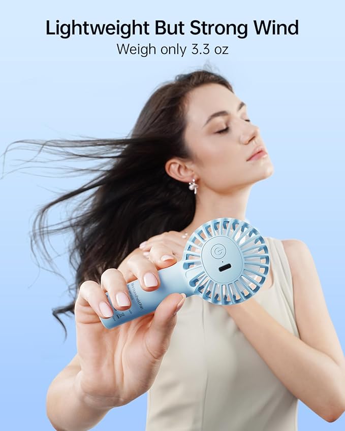 SWEETFULL Mini Portable Fan - Rechargeable Handheld Fan, 3 Speeds Personal Small Hand Gifts for Travel Essentials, Lash, Makeup, Eyelash, Kids, Girls, Women - USB, Cute Design Light Blue