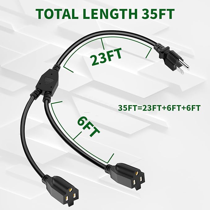 2 Way Power Extension Cord Splitter 35 Ft Total (23+6+6)-3 Prong 1 to 2 Extension Cord Cable Y Splitter-Outlet Adatper-SJTW Outdoor for Halloween Christmas Lighting Landscaping-16AWG 13A 125V-UL-1T2